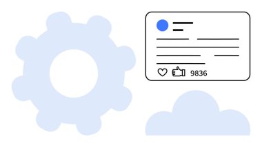Profilli sosyal medya kartı, baş parmaklar, vites ve bulut şekilli yorumlar. Teknoloji, etkileşim, veri analizi, bulut hesaplaması, sosyal medya, kullanıcı bağlantısı ve basit