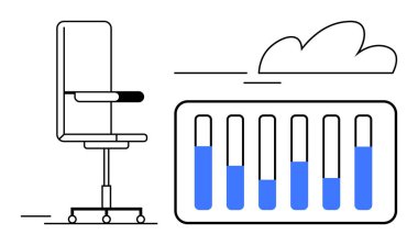 Ofis koltuğu, mavi dolgulu bar tablosu ve iş yeri verimliliği ve veri içgörülerini birleştiren bulut elemanı. Analiz için ideal, işyeri eğilimleri, üretkenlik, iş çözümleri, uzaktan çalışma, bulut