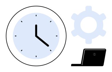 Saat, dişli ve dizüstü bilgisayar organizasyonu, verimliliği ve iş akışını temsil eder. İş için ideal, planlama, verimlilik, iş-yaşam dengesi optimizasyonu işbirliği düz metafor