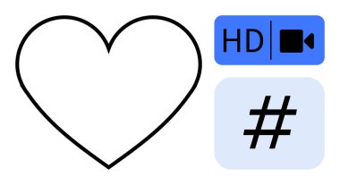 Siyah kalp sembolü, mavi HD video simgesi ve ışık arkaplanda meta veri etiketi. Sosyal medya, içerik oluşturma, multimedya, dijital trendler, çevrimiçi katılım, basit iniş sayfaları için ideal