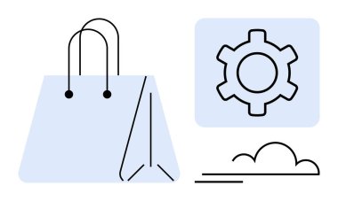 Alışveriş torbası, vites simgesi ve perakende, teknoloji ve operasyonel verimliliği taşıyan bulut tasarımı öğeleri. E-ticaret, perakende işlemleri, bulut hizmetleri, optimizasyon lojistiği için ideal
