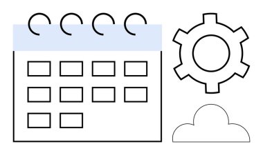 Planlama, kişiselleştirme ve dijital araçları temsil eden ızgara düzeni, bulut ve dişli simgesi takvimi. Üretkenlik, yönetim, zamanlama, bulut depolama organizasyonu iş akışı için ideal basit