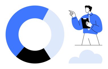 Elinde pano olan adam, büyük dilimli pasta grafiğini gösteriyor. Analiz, veri sunumu, iş stratejisi, pazarlama, takım çalışması, araştırma raporları için ideal. Düz basit metafor