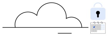 Kilit sembollü ve takvimli bulut ana hatları, güvenli veri depolama, gizlilik, şifreleme, zaman yönetimi, kısıtlı erişim, programlama, yedekleme. Siber güvenlik ve mahremiyet dairesi için ideal
