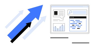 Mavi yukarı doğru oklar artan başarıyı temsil ediyor, çizelgeler, arama çubuğu ve içeriği gösteren bir web gösterge paneliyle eşleştirilmiş. İş büyümesi, analitik, pazarlama, strateji, çevrimiçi araçlar için ideal