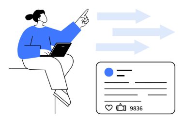 Dizüstü bilgisayarlı bir kadın, sosyal medya paylaşımının yanında baş parmakları ve yorumları olan yönelimli oklara doğru el kol hareketi yapıyor. Sosyal medya, katılım, analitik, pazarlama, strateji, planlama için ideal