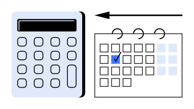 Belirli bir tarihte kontrol işaretli bir takvimin yanında hesaplayıcı, zamanlanmış hesaplamaları veya mali görevleri gösterir. Finans, organizasyon, planlama, teslim tarihleri, izleme ve üretkenlik için ideal
