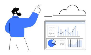 Adam dijital bir gösterge panelinde grafikleri, grafikleri ve analizleri incelerken bulutu işaret ediyor. Veri analizi, bulut hesaplama, iş zekası, teknoloji, takım çalışması, yenilik için ideal