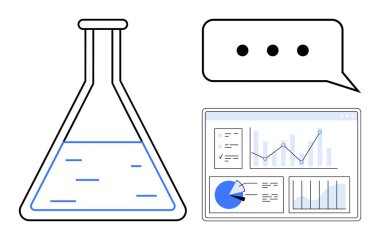 Sıvı içeren laboratuvar şişesi, üç noktalı konuşma balonu ve dijital analiz paneli. Araştırma, yenilik, iletişim, veri analizi, bilim ve laboratuvar çalışmaları için ideal