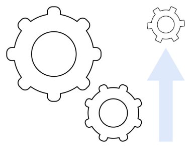 Üç dişli tekerlek ve yukarı bakan bir ok ilerlemeyi, takım çalışmasını, mekanizmaları ve gelişimi vurguluyor. Yenilik, otomasyon, üretkenlik, strateji ve basit iniş sayfası için ideal