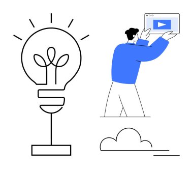 Fikirleri ve yeniliği temsil eden büyük ampul, video ekranı tutan insan, minimum tasarım. Yaratıcılık, teknoloji, eğitim, pazarlama, işbirliği, yenilik için ideal basit iniş sayfası