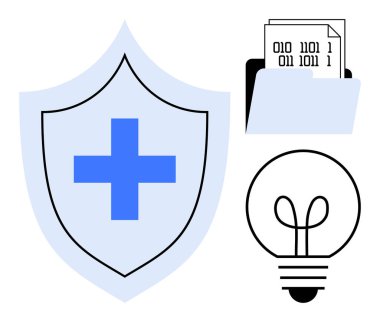 Mavi tıbbi haçlı kalkan, klasör depolama ikili kod belgeleri ve yaratıcılığı gösteren ampul. Sağlık, siber güvenlik, yenilik, veri koruması, teknoloji, dijital güvenlik için ideal