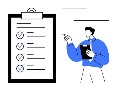 Resmi kıyafetli adam elinde bir pano tutuyor ve listeyi işaret ediyor. Üretkenlik, görev öncelikleri, planlama, organizasyon, takım çalışması, hedef başarı proje yönetimi üzerine odaklanın. Düz basit