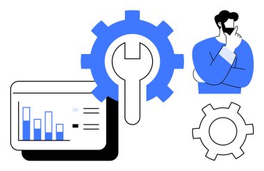 Bar çizelgesi olan tablet, büyük vites ve İngiliz anahtarı sembolü, düşünen adam çözümleri gözünde canlandırıyor. Teknoloji, analitik, problem çözme, optimizasyon, yenilik, araçlar için ideal basit iniş sayfası
