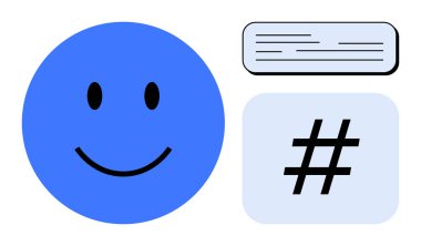 Mavi gülen yüz, üstveri etiketi sembolü ve metin kutusu tasarımı pozitifliği, mesajlaşmayı ve dijital bağlantıyı iletir. Sosyal medya, iletişim, markalaşma, sohbet ekip çalışması için ideal