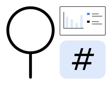 Büyüteç, çubuk grafik ve meta veri etiketi ikonu araştırma, veri analizi ve sosyal medya eğilimleri. Pazarlama, analitik, arama araçları, teknoloji araştırması SEO sade iniş için ideal