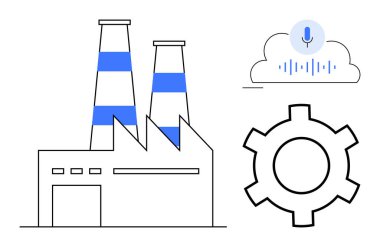Üretimi sembolize eden, bulut tabanlı ses teknolojisine bağlı fabrika bacaları. Sektör 4.0 için ideal, otomasyon, teknoloji entegrasyonu, yenilik, iletişim, üretkenlik