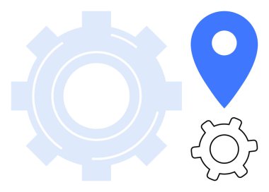 Büyük saydam teçhizat, katı mavi lokasyon iğnesi, ve seyrüsefer, sistem süreçleri, üretkenlik, bütünleşme, hassasiyet, problem çözme bağlantısını temsil eden siyah ana hatlı dişli. İdeal