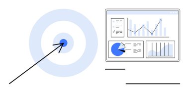 Ok, çizelgeler, grafikler ve analizlerle dolu dijital bir gösterge panelinin yanında hedefi vuruyor. İş stratejisi, veri incelemesi, performans izleme, finans, pazarlama, satış hedefi belirleme için ideal