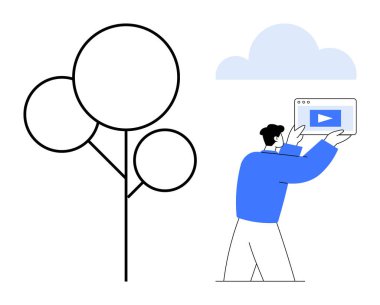 Çalma düğmesini gösteren bir web sayfası tutan bir kişinin minimalist tasarımı. Yakınlarda basit bir ağaç ve bulut var. Teknoloji, medya, eğitim, basitlik, yaratıcılık, iletişim, basit