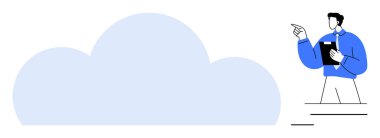 Büyük bulut şekline doğru hareket eden, bulut hesaplamasından, yenilikten bahseden bir pano. Depolama konsepti, teknoloji, takım çalışması, iş stratejisi, eğitim, ağ verileri için ideal