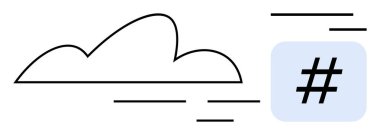 Çizgi aksanlı ve üstverili bulut dijital iletişimi, veri paylaşımını ve sosyal medyayı işaret ediyor. Ağ oluşturma, bulut hesaplama, işbirliği, hashtag eğilimleri için ideal, çevrimiçi