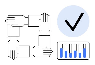 Dört birbirine kenetlenmiş el, mavi ilerleme çubuğu ve bir işaret takım çalışmasını, işbirliği, başarı ve ilerlemeyi simgeliyor. İş, performans, veri analizi ve güvenilirlik için ideal