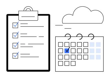 Bir bulutun altında işaretlenmiş takvimin yanında işaretlenmiş görevlerin yer aldığı pano kontrol listesi. Zaman yönetimi, zamanlama, görev örgütü, hedef belirleme, üretkenlik, planlama araçları için ideal