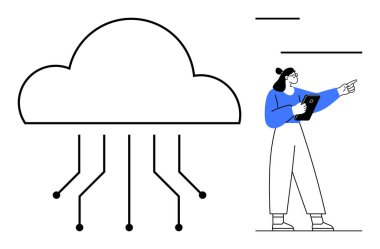 Altı birbirine bağlı büyük bulut, tableti tutan ve dışa bakan kadın. Teknoloji, bulut depolama, dijital strateji, bilişim çözümleri, eğitim, yenilik, basit iniş sayfası için ideal