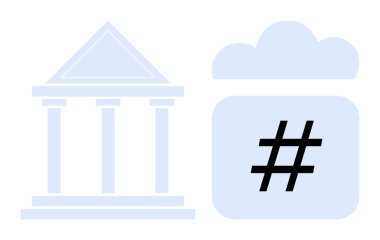 Hükümet binası ikonu, modern teknolojiyle geleneği bağlayan üstveri etiketi sembolü ile birlikte bulutun yanında. Yenilik için ideal, dijital dönüşüm, yönetim, teknoloji, bulut hizmetleri