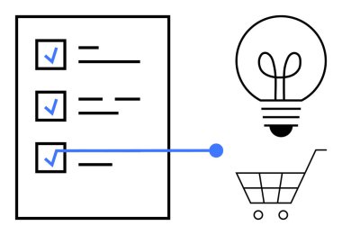 Kontrol işaretli görev listesi, yaratıcılığı sembolize eden bir ampulle bağlantılı ve ticaret için alışveriş arabası. Üretkenlik, planlama, yenilik, alışveriş, organizasyon, fikirler için ideal. Düz