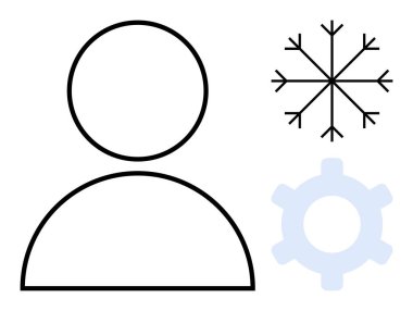 Bir kar tanesinin ve teçhizatın yanında özgünlük, kış ve sistem işleyişini temsil eden soyut bir insan tasviri. Teknoloji, mevsimler, iş akışı, kullanıcılar, mekanikler ve süreç için ideal