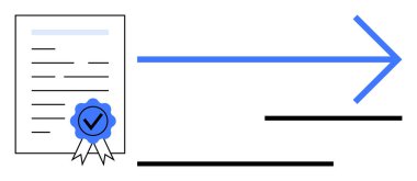 Üzerinde mavi onaylı işaret ve şerit olan belge. İlerleme kaydetmek için ileri bir okun yanında. Sertifika, başarı, onay, onay, iş akışı, başarı için ideal, düz basit metafor