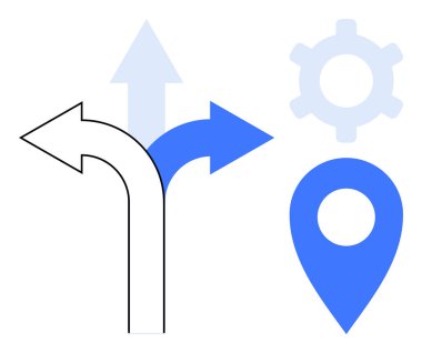Seçimleri sembolize eden oklar, yeri belirten bir harita iğnesi ve süreç veya strateji için bir dişli. Rehberlik, strateji, navigasyon, planlama, karar sorunu çözme yapısı için ideal. Düz