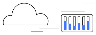 Veri analizi paneline bağlı bulut ana hatları. Veri depolama, işleme ve performans takibini görselleştirme. Teknoloji, bulut hizmetleri, iş analizleri ve veriler için ideal