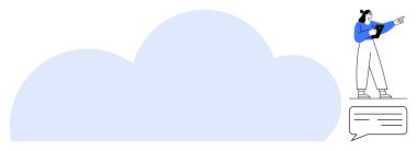 Büyük bulut, el kol hareketi yapan, tablet tutan bir kadın. Konuşma balonu iletişim öneriyor. Teknoloji, bulut depolama, işbirliği, yenilik, bağlantı, eğitim için ideal basit iniş sayfası