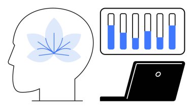 Bir çiçeğin temsil ettiği beyin hatları araştırma olduğunu gösteren laboratuvar test tüpleri ve bir dizüstü bilgisayar. Bilim, sağlık, yenilik, analiz, sağlık, biyoteknoloji için ideal. Basit iniş sayfası.