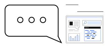 Çizelgeler, metin ve arama çubuğu içeren bir web arayüzü yanında sohbet balonu. İletişim, teknoloji, analitik, veri paylaşımı, dijital platformlar, çevrimiçi öğrenim basit iniş sayfası için ideal