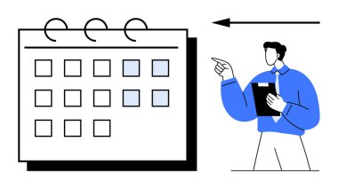 Vurgulanmış tarihleri olan bir takvime bakan, panoyu tutan, yönü belirten bir okun yanında duran bir adam. Zaman yönetimi, zaman çizelgesi, mühlet, planlama, düzenleme, iş akışı için ideal