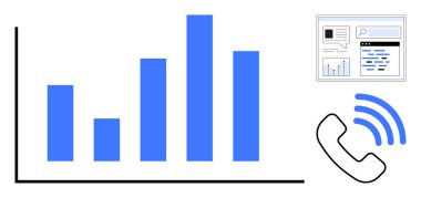 Mavi çubuk grafiği, arayüz arama ve veri gösterimi, çalan telefon simgesi. Analiz, iletişim, takım çalışması, işletme yönetimi, karar verme, dijital pazarlama basit iniş sayfası için ideal