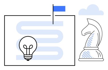 Dolambaçlı bir yolda ampul, satranç şövalyesi, bayrak direği ve bulut strateji, yenilik ve karar verme mekanizmasını temsil eder. Başarı, liderlik, hedefler yaratıcılık planlama vizyonu için idealdir.