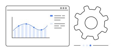 Tarayıcı penceresinde veri noktaları ve dişli sembolü olan grafikler analitik, optimizasyon ve işlevselliği gösteriyor. Teknoloji, iş, veri, ilerleme, süreç ve basit iniş sayfası için ideal