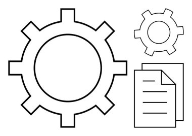 Sıralı belgelere sahip büyük ve küçük vitesler takım çalışmasını, görev organizasyonunu, operasyonları ve optimizasyonu sembolize eder. İş için ideal, iş akışı sunumu, proje yönetimi, görev planlaması