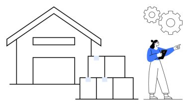 Depo binası, istiflenmiş kutular, tablet tutan ve işaret eden işçiler, iş akışını temsil eden vitesler. Lojistik, nakliye, tedarik zinciri, envanter, yönetim ve e-ticaret için ideal