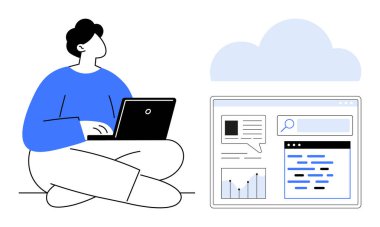 Bulut ve veri panelinin yanında dizüstü bilgisayarla çapraz oturan kişi arama çubuğu, çizelgesi ve metin içeriyor. Teknoloji, veri analizi, uzaktan çalışma, bulut depolama, çevrimiçi öğrenme için ideal