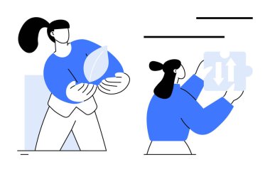 Sürdürülebilir hedefler ve problem çözme girişimleriyle uğraşan iki birey. Biri bir yaprak tutuyor, çevreci bilinci sembolize ederken diğeri bulmaca parçasına uyuyor. İşbirliği için ideal