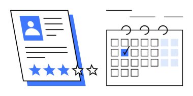 Profil fotoğrafı ve beş yıldızlı dereceyle birlikte işaretli takvimin olduğu bir belge. Planlama, değerlendirme, yönetim, programlama, üretkenlik, organizasyon, düz metafor için ideal