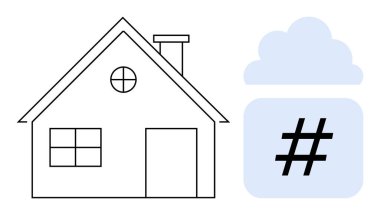 Bulut ve meta veri grafiğinin yanında basit bir yapısı olan ev. Akıllı teknoloji, bulut depolama, dijital bağlantı, yenilik, veri paylaşımı, internet kavramları, basit iniş sayfası için ideal