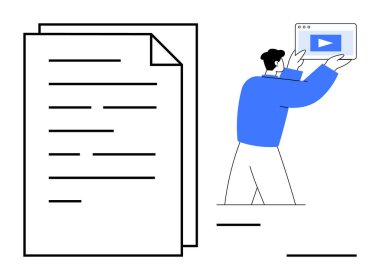 Mavili adam büyük bir belgenin yanında video ekranla etkileşime geçiyor. Eğitim, dijital pazarlama, çevrimiçi öğrenme, içerik oluşturma, bilgi paylaşımı, medya, basit iniş sayfası
