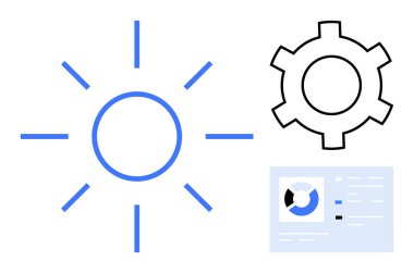 Soyut güneş simgesi, vites sembolü ve veri görselleştirmeli gösterge paneli. Enerji, yenilik, verimlilik, analitik, süreç optimizasyonu, sürdürülebilirlik için ideal basit iniş sayfası